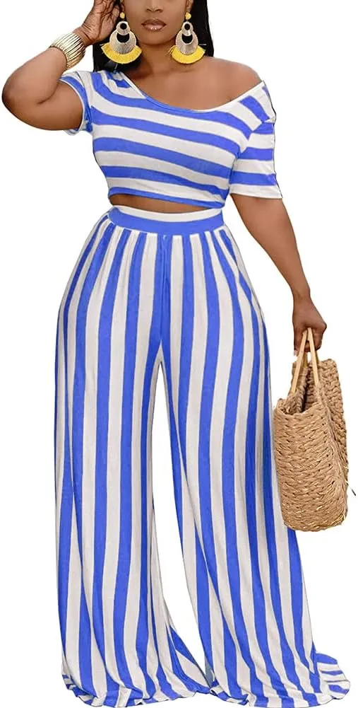 2 Piece Outfits for Women Sexy Backless Short Sleeve Crop Top High Waist Wide Leg Long Pant Sets Tracksuit Sport Set