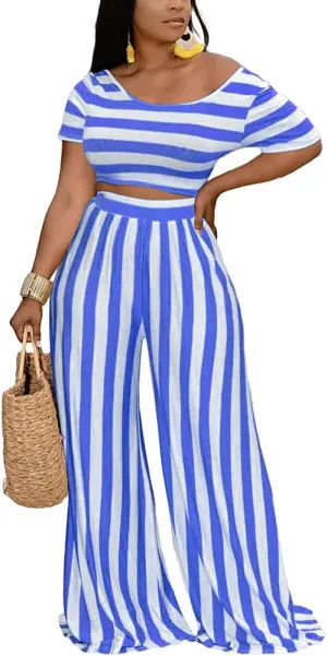 2 Piece Outfits for Women Sexy Backless Short Sleeve Crop Top High Waist Wide Leg Long Pant Sets Tracksuit Sport Set