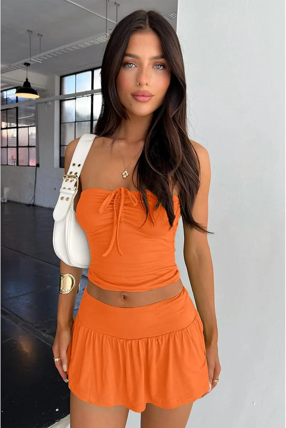 2 Piece Skirt Outfits for Women Y2k Summer Bandeau Going Out Crop Tops and Low Wasit Mini Skorts Sets