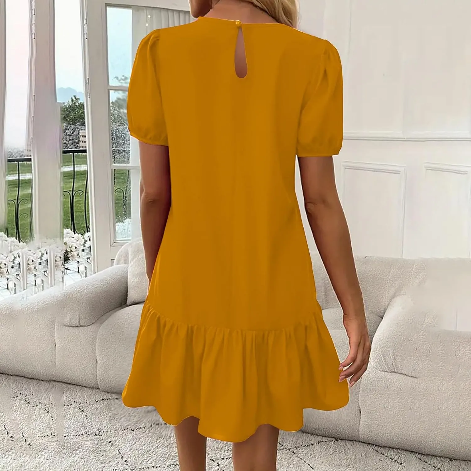 2025 Dress for Women Summer Short Puff Sleeve Casual Mini Dresses Elegant Round Neck Ruffle Hem A-Line Sundress