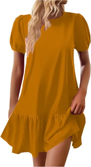 2025 Dress for Women Summer Short Puff Sleeve Casual Mini Dresses Elegant Round Neck Ruffle Hem A-Line Sundress