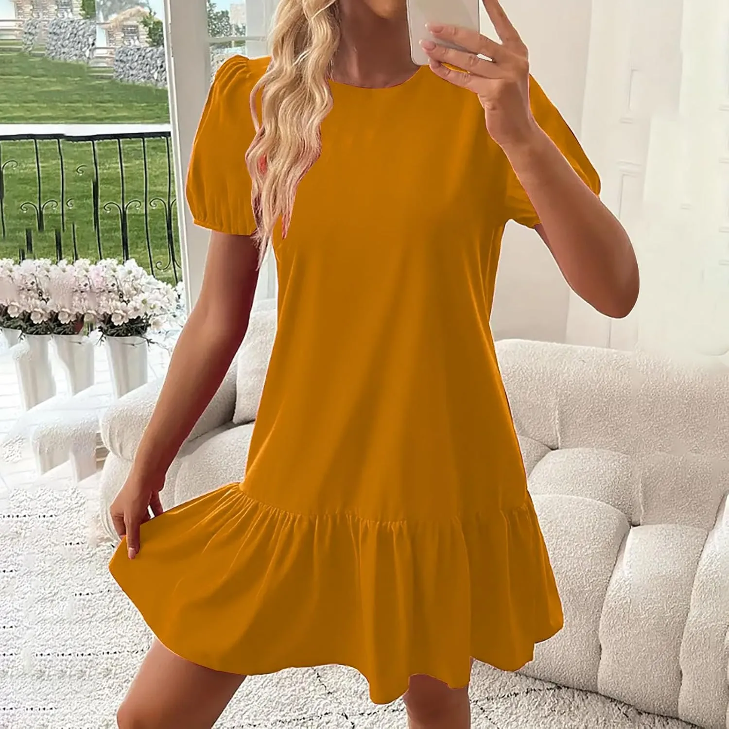 2025 Dress for Women Summer Short Puff Sleeve Casual Mini Dresses Elegant Round Neck Ruffle Hem A-Line Sundress