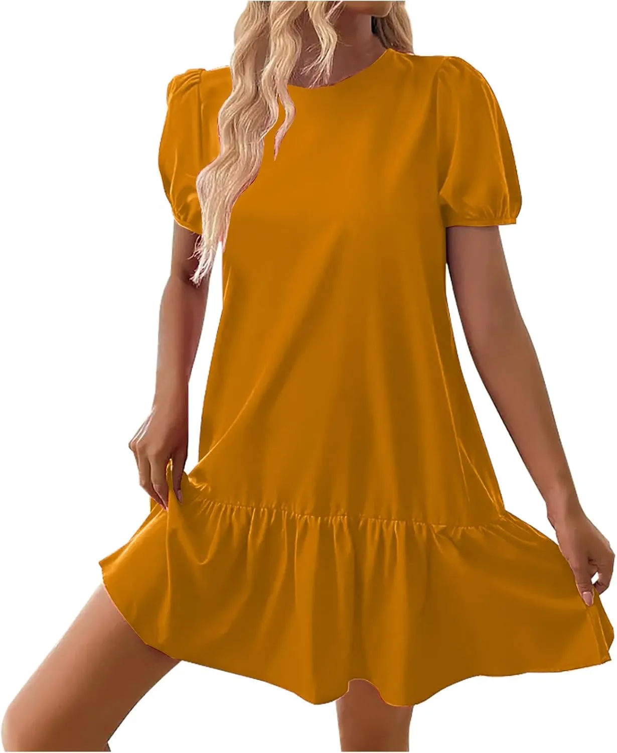 2025 Dress for Women Summer Short Puff Sleeve Casual Mini Dresses Elegant Round Neck Ruffle Hem A-Line Sundress
