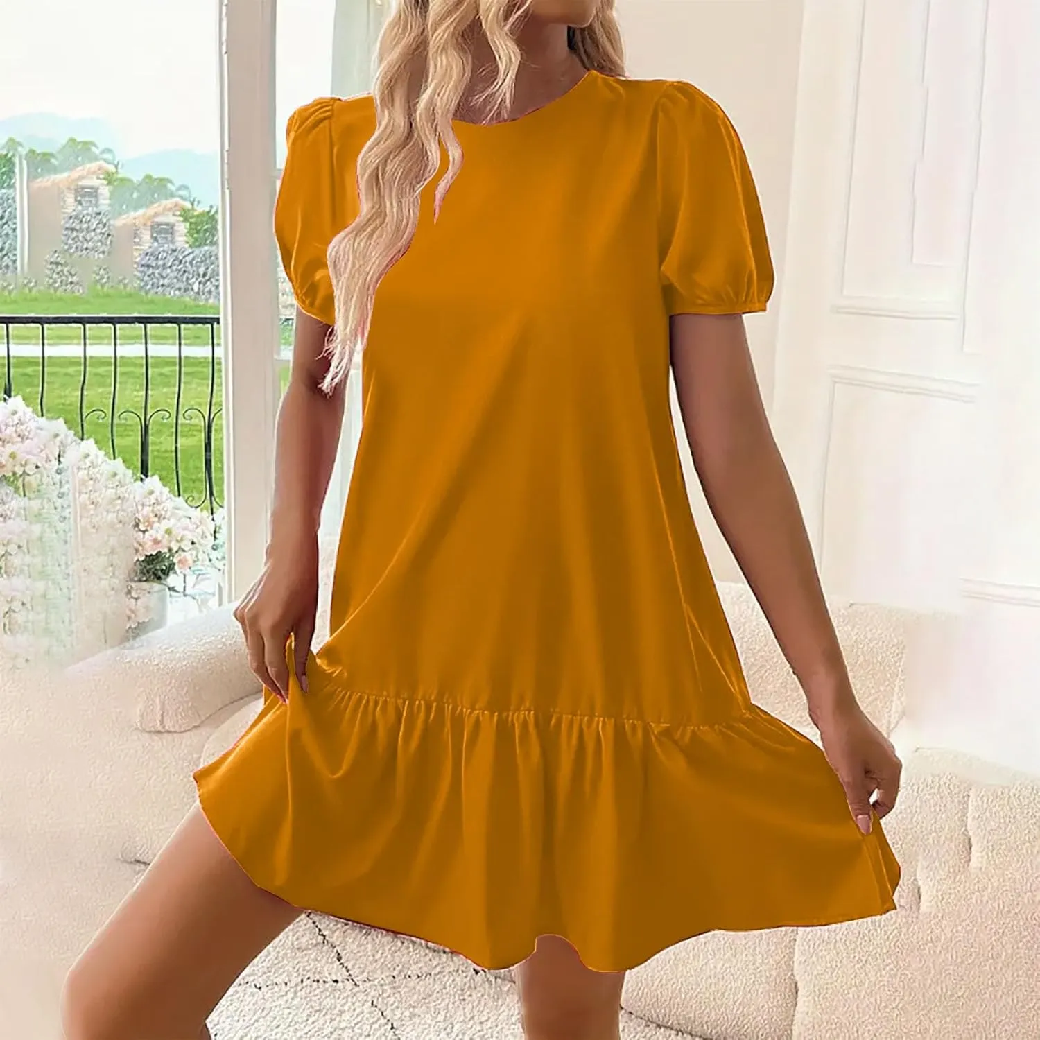 2025 Dress for Women Summer Short Puff Sleeve Casual Mini Dresses Elegant Round Neck Ruffle Hem A-Line Sundress