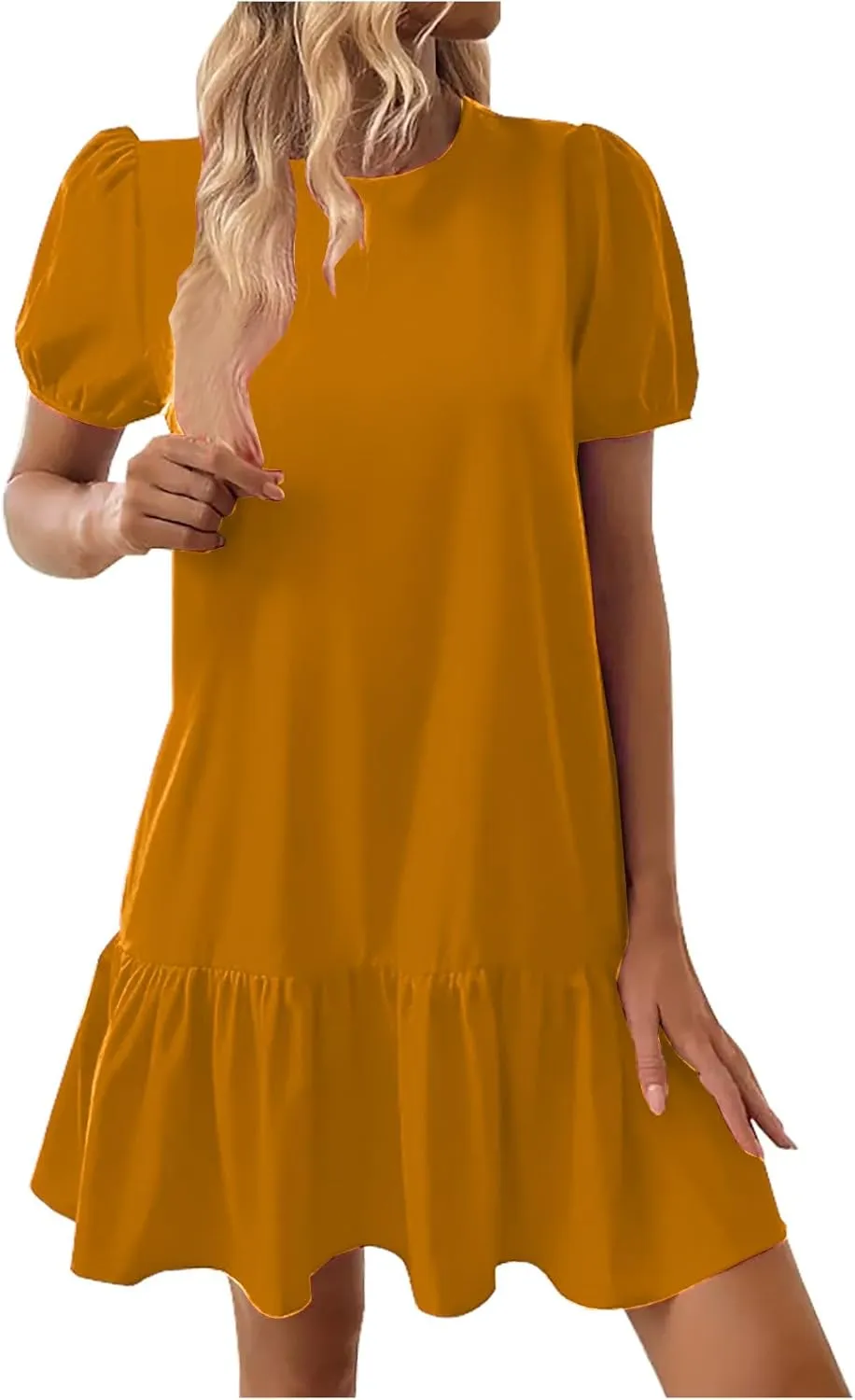 2025 Dress for Women Summer Short Puff Sleeve Casual Mini Dresses Elegant Round Neck Ruffle Hem A-Line Sundress
