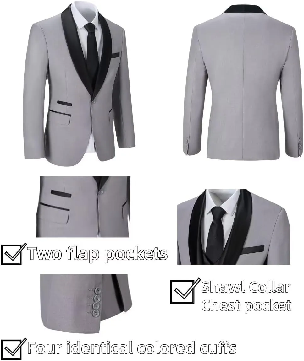 3 Piece Mens Tuxedo Suit Set Slim Fit Men Wedding Prom Party Suits Blazer Pants Shawl Collar Dinner Double Breasted Suit Set