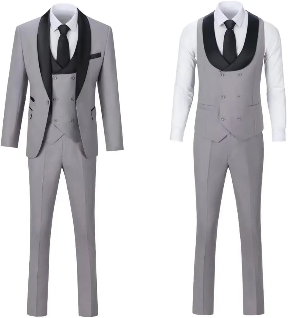 3 Piece Mens Tuxedo Suit Set Slim Fit Men Wedding Prom Party Suits Blazer Pants Shawl Collar Dinner Double Breasted Suit Set