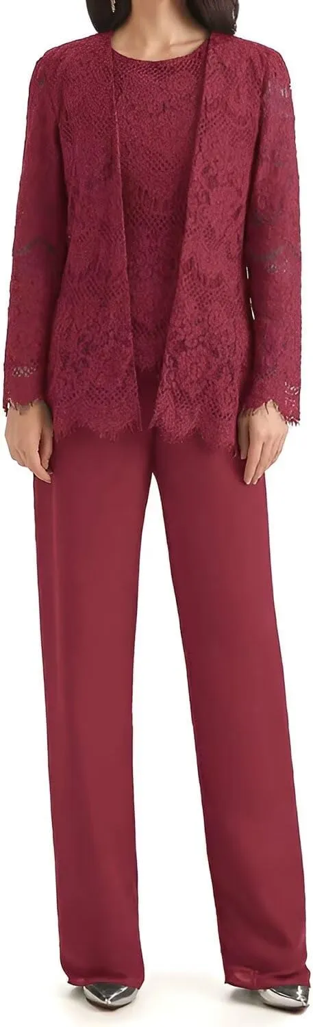 3 Pieces Mother of The Bride Pant Suits for Wedding Lace Chiffon Pant Suits Grandmother of The Bride Pant Suits