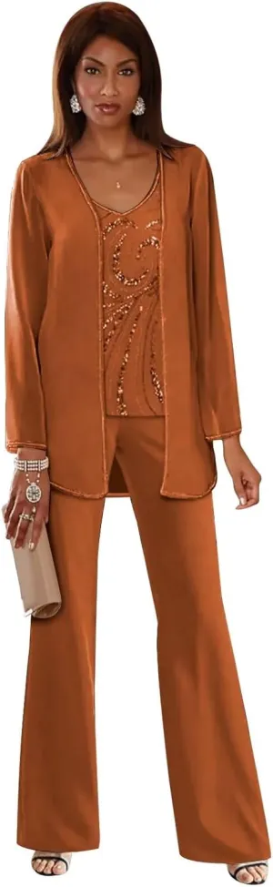 3 Pieces Mother of The Bride Pant Suits Sequin Chiffon Pant Suits for Wedding Formal Women
