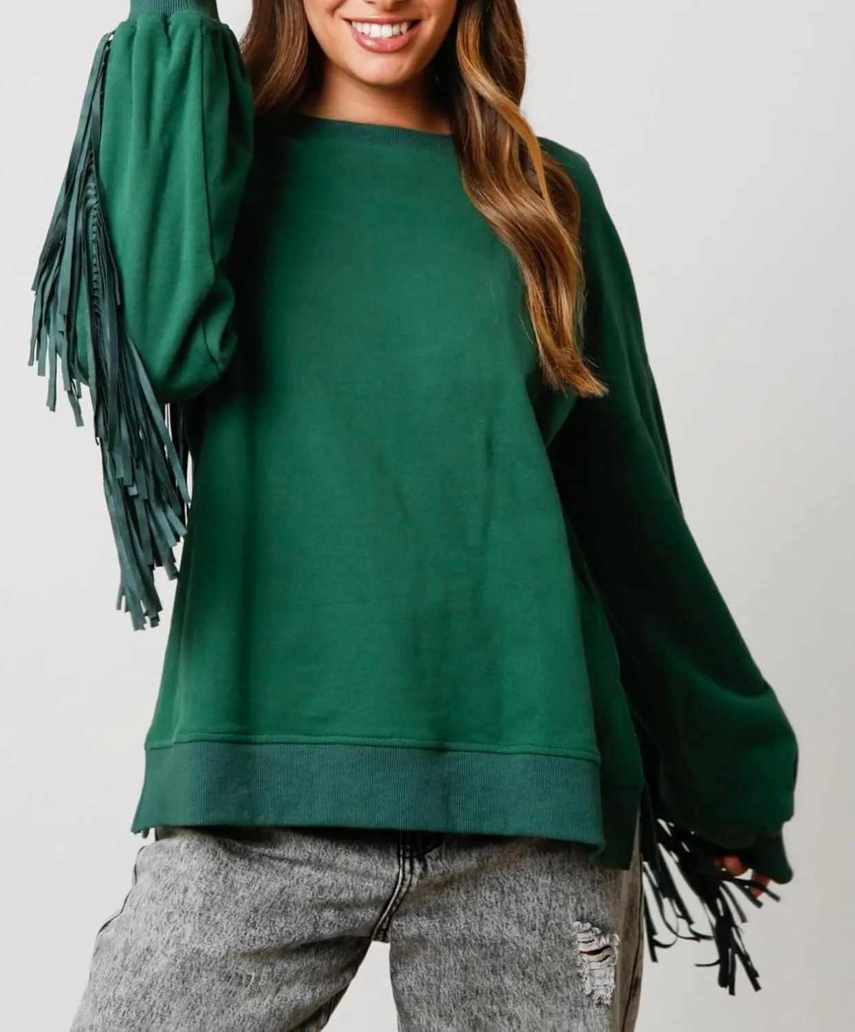 Adoeren Women Oversized Tassel Sweatshirt Fringe Trim Long Sleeve Crewneck Pullover Fall Fashion Drop Shoulder Shirt Top