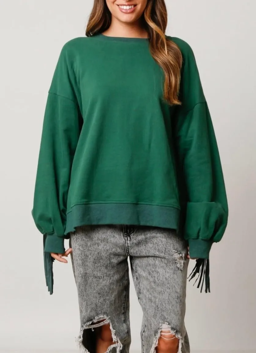 Adoeren Women Oversized Tassel Sweatshirt Fringe Trim Long Sleeve Crewneck Pullover Fall Fashion Drop Shoulder Shirt Top