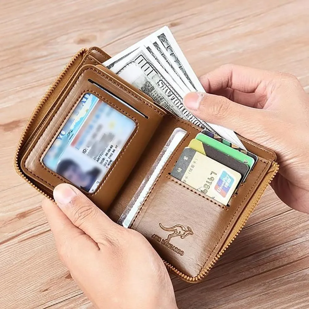 Aiks Kangaroo Wallets, Men Wallet Zipper Genuine Leather Purse, PU Stylish Soft Simple Design RFID Protected Wallet