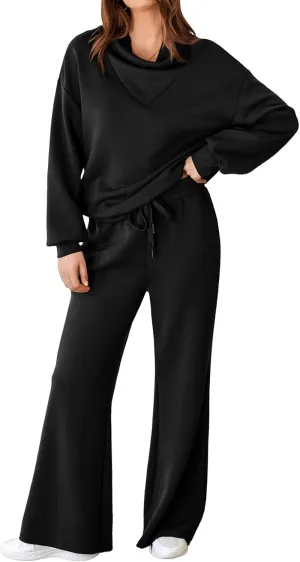 Aleumdr Women's 2 Piece Outfits Lounge Set Mock Neck Long Sleeve Sweatshirt With Wide Leg Pants Sweatsuit Fall 2025