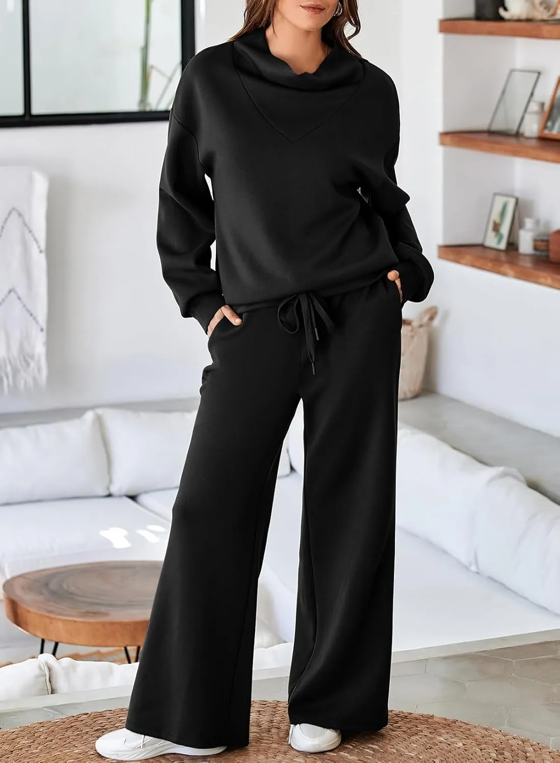 Aleumdr Women's 2 Piece Outfits Lounge Set Mock Neck Long Sleeve Sweatshirt With Wide Leg Pants Sweatsuit Fall 2025