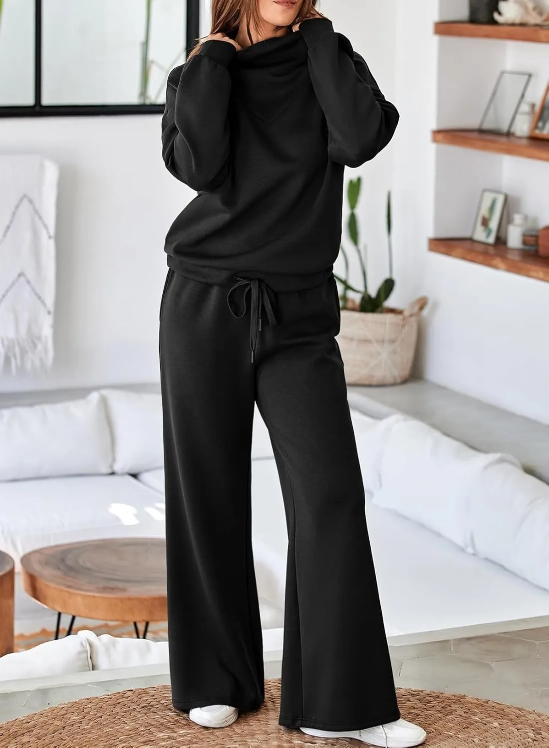 Aleumdr Women's 2 Piece Outfits Lounge Set Mock Neck Long Sleeve Sweatshirt With Wide Leg Pants Sweatsuit Fall 2025