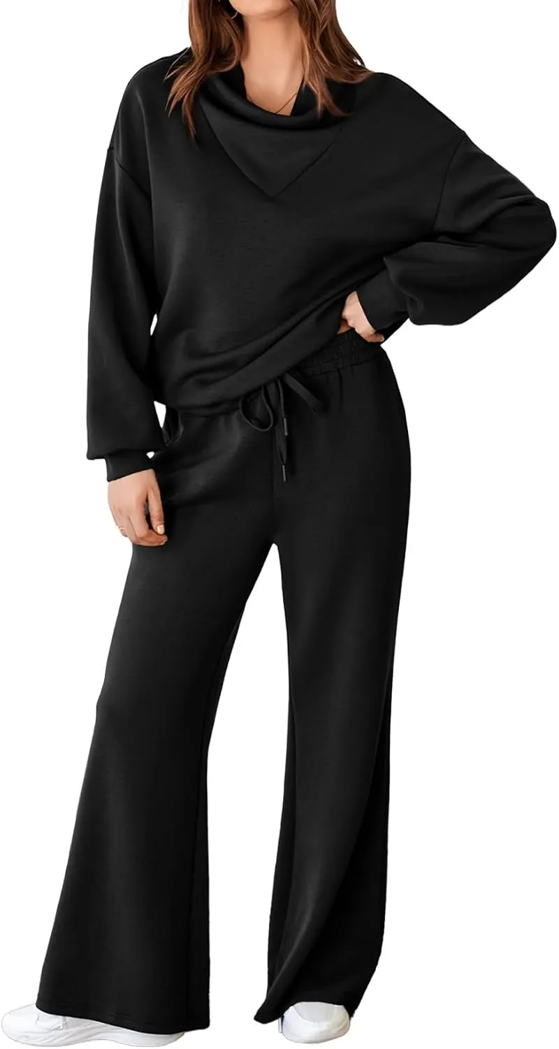 Aleumdr Women's 2 Piece Outfits Lounge Set Mock Neck Long Sleeve Sweatshirt With Wide Leg Pants Sweatsuit Fall 2025