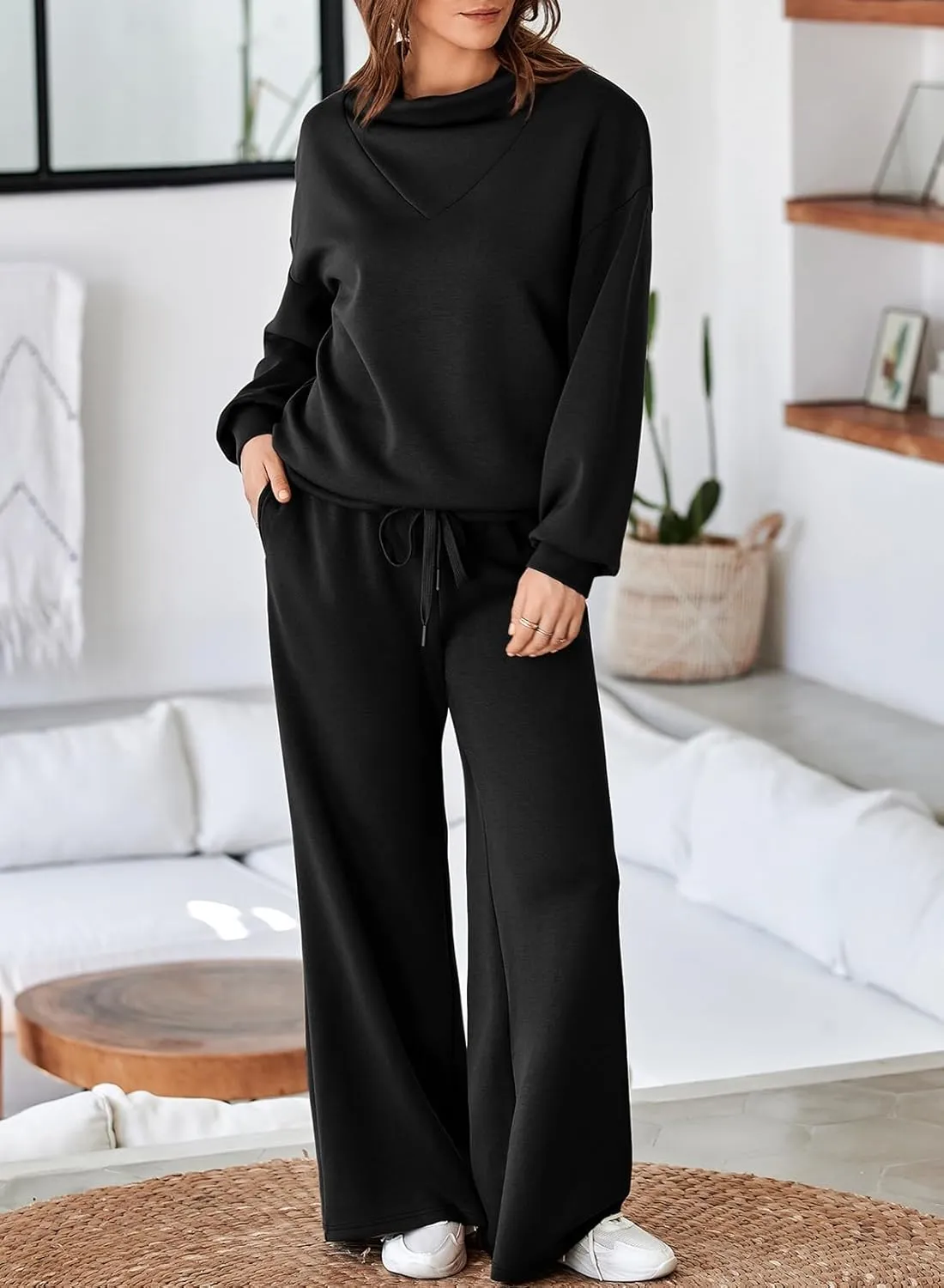 Aleumdr Women's 2 Piece Outfits Lounge Set Mock Neck Long Sleeve Sweatshirt With Wide Leg Pants Sweatsuit Fall 2025