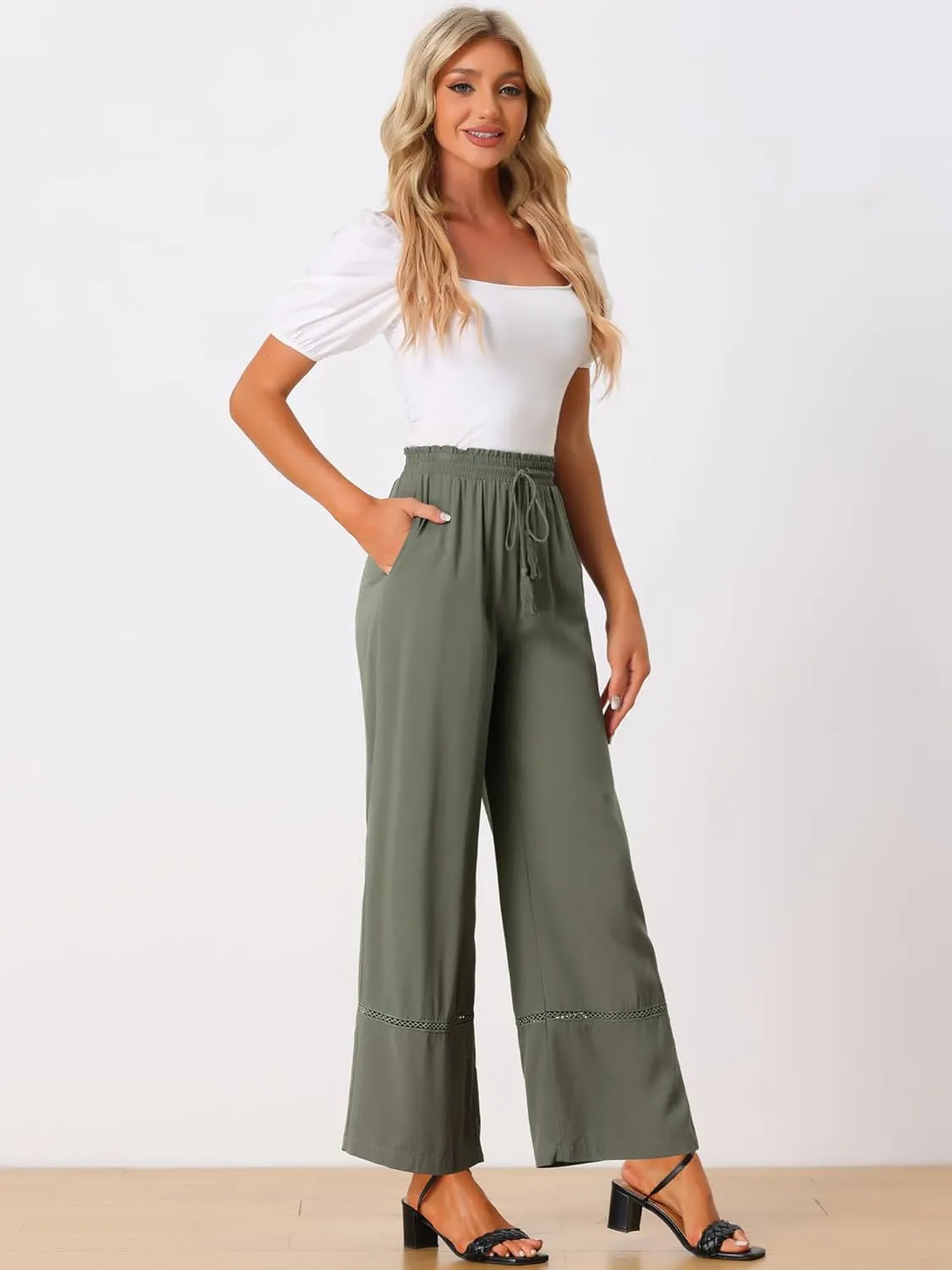 Allegra K Women's 2025 Summer Casual Pants Loose High Waist Drawstring Wide Leg Palazzo Trousers with Pockets