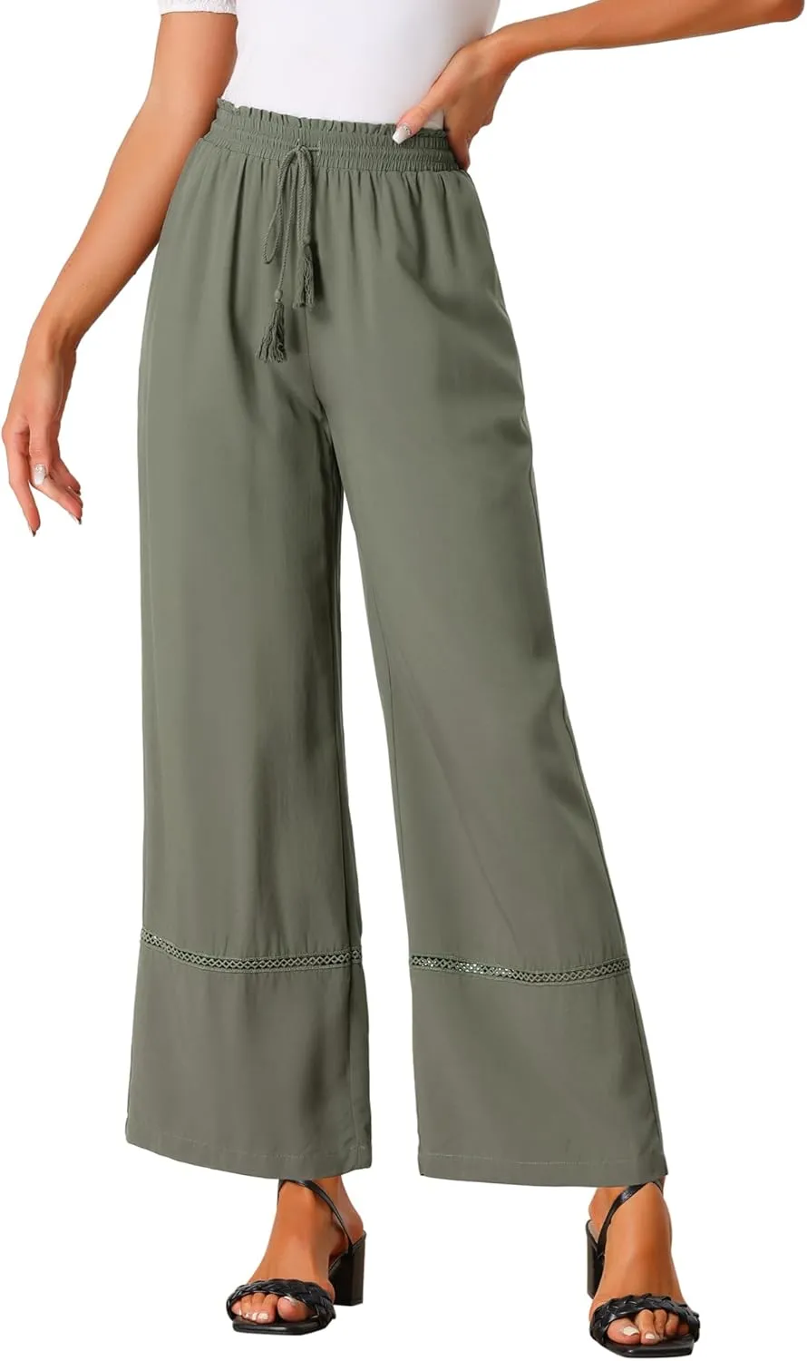 Allegra K Women's 2025 Summer Casual Pants Loose High Waist Drawstring Wide Leg Palazzo Trousers with Pockets