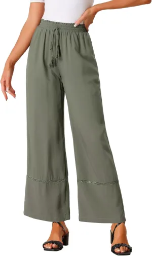 Allegra K Women's 2025 Summer Casual Pants Loose High Waist Drawstring Wide Leg Palazzo Trousers with Pockets