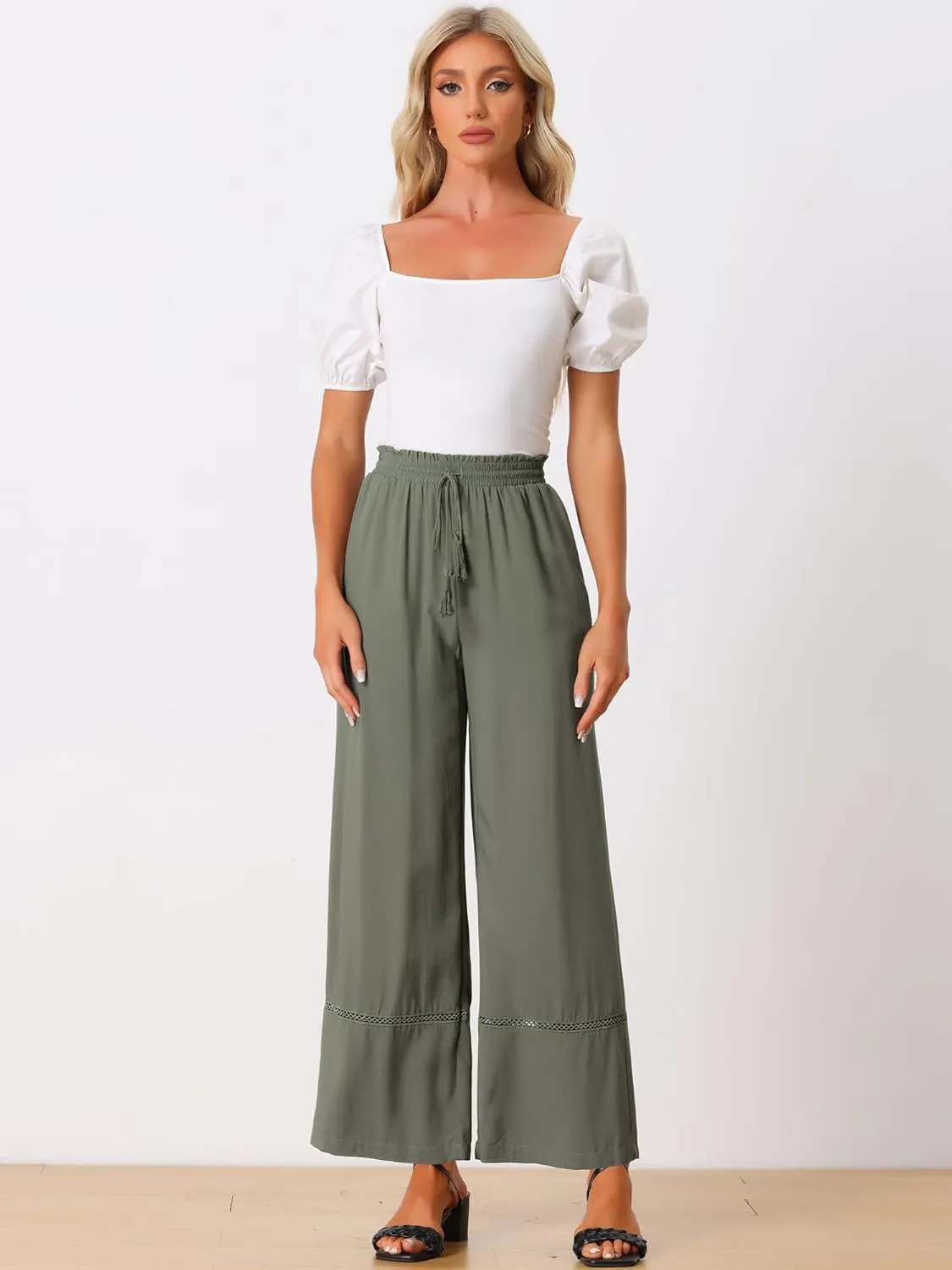 Allegra K Women's 2025 Summer Casual Pants Loose High Waist Drawstring Wide Leg Palazzo Trousers with Pockets