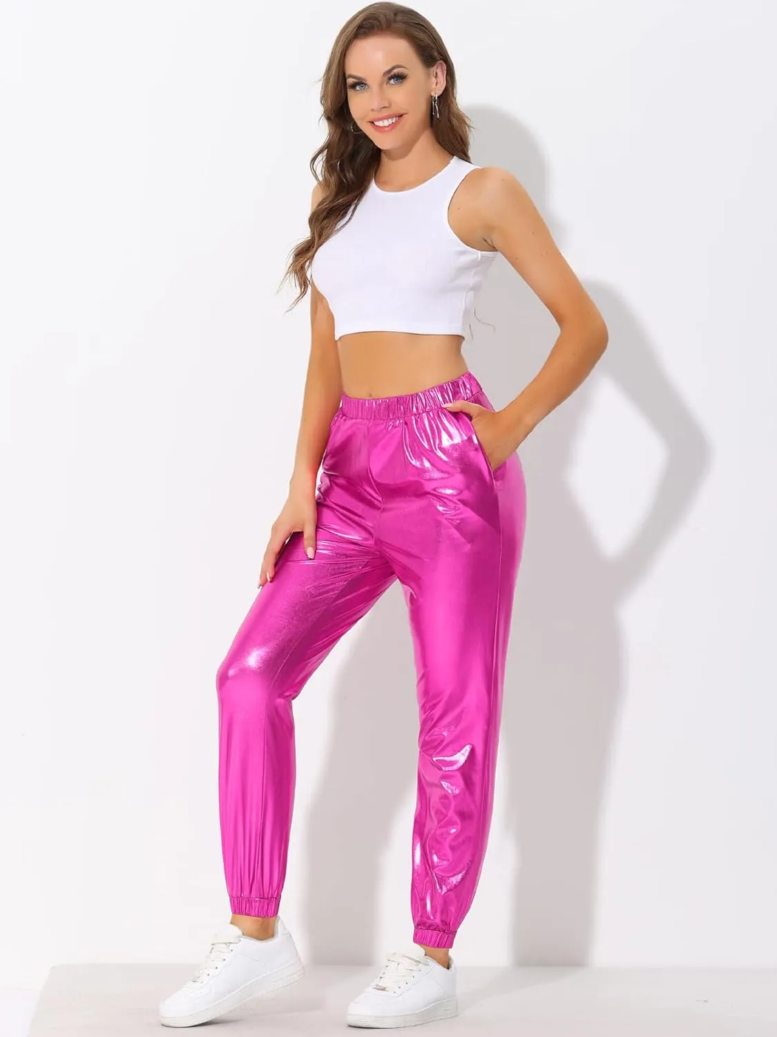 Allegra K Women's Metallic Trousers Christmas Shiny Sparkle Elastic Waist Holographic Pants
