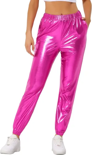 Allegra K Women's Metallic Trousers Christmas Shiny Sparkle Elastic Waist Holographic Pants