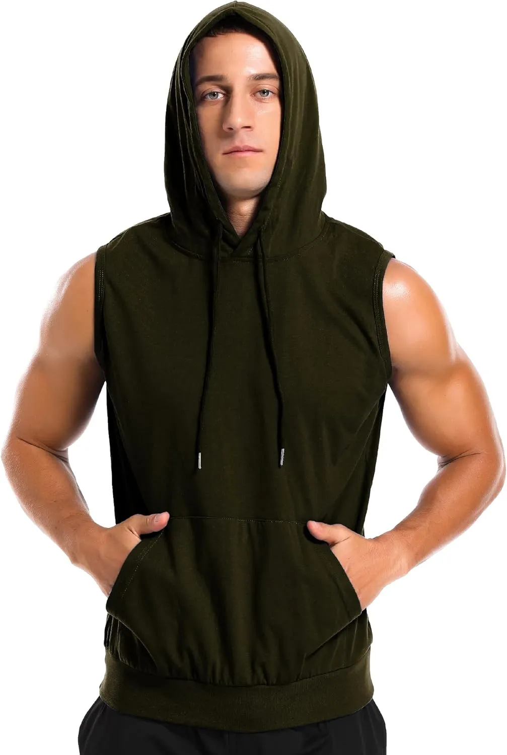 Amussiar Men's Workout Hooded Tank Tops Sleeveless Gym Training Hoodies Bodybuilding Muscle Cut Off T Shirt