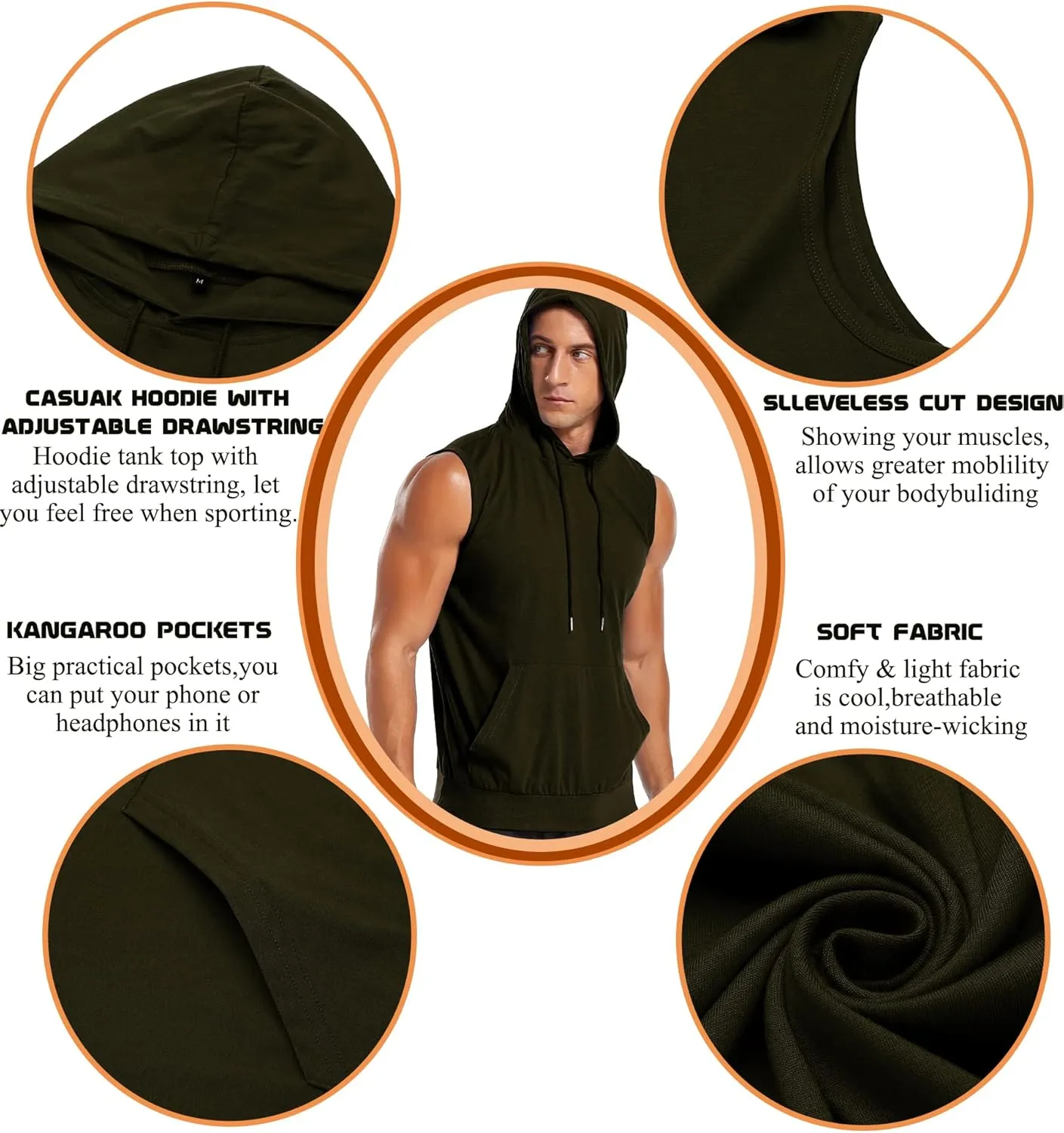Amussiar Men's Workout Hooded Tank Tops Sleeveless Gym Training Hoodies Bodybuilding Muscle Cut Off T Shirt