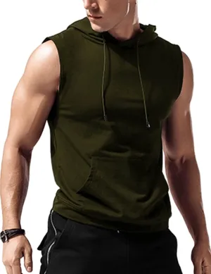 Amussiar Men's Workout Hooded Tank Tops Sleeveless Gym Training Hoodies Bodybuilding Muscle Cut Off T Shirt