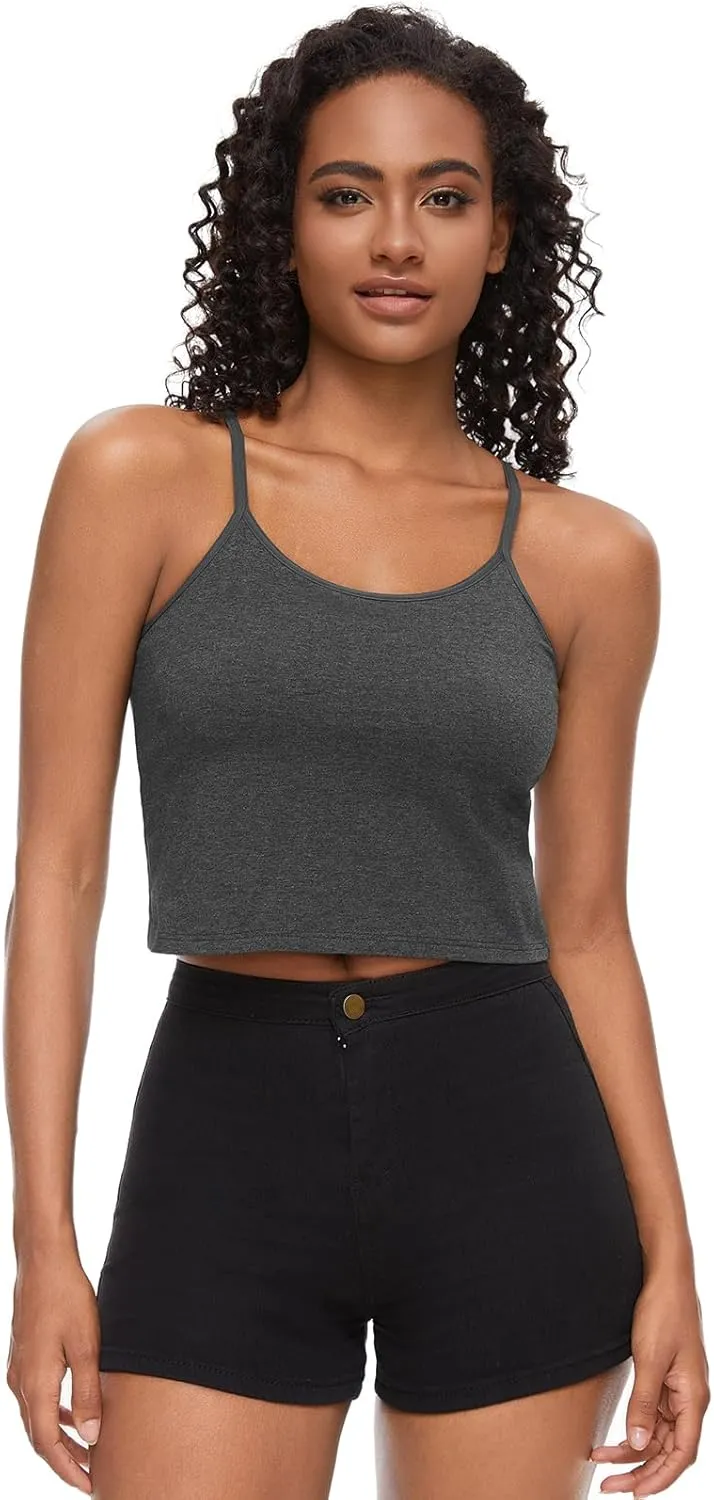 AMVELOP Cropped Camisole for Women Built in Bra Cotton Shelf Bra Crop Cami Adjustable Spaghetti Strap Tank Top 3 Pack