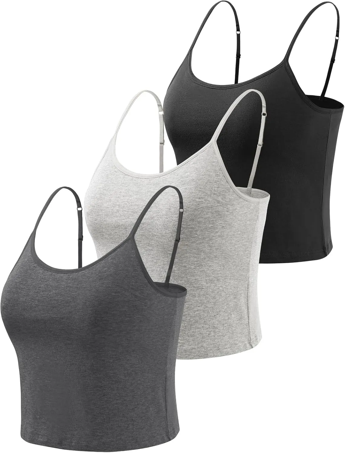 AMVELOP Cropped Camisole for Women Built in Bra Cotton Shelf Bra Crop Cami Adjustable Spaghetti Strap Tank Top 3 Pack