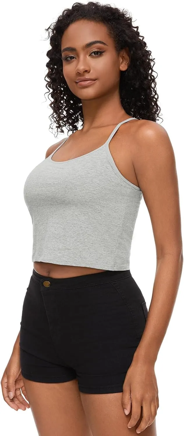AMVELOP Cropped Camisole for Women Built in Bra Cotton Shelf Bra Crop Cami Adjustable Spaghetti Strap Tank Top 3 Pack