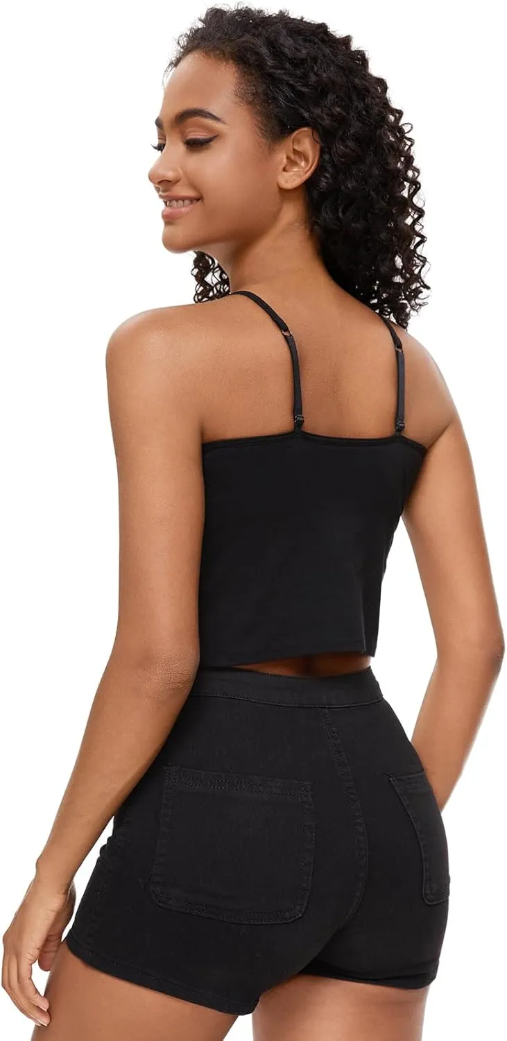AMVELOP Cropped Camisole for Women Built in Bra Cotton Shelf Bra Crop Cami Adjustable Spaghetti Strap Tank Top 3 Pack