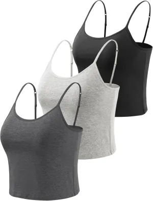 AMVELOP Cropped Camisole for Women Built in Bra Cotton Shelf Bra Crop Cami Adjustable Spaghetti Strap Tank Top 3 Pack