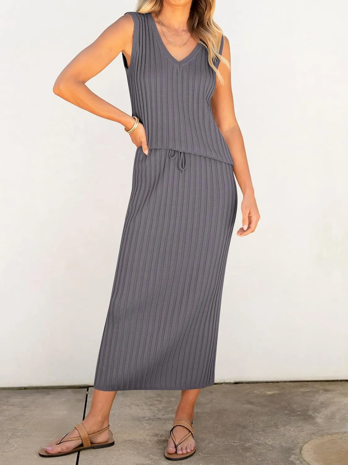 ANRABESS 2 Piece Sweater Skirt Sets for Women Sleeveless V Neck Ribbed Vest Tops Knits Casual Midi Dresses 2025 Summer Outfit