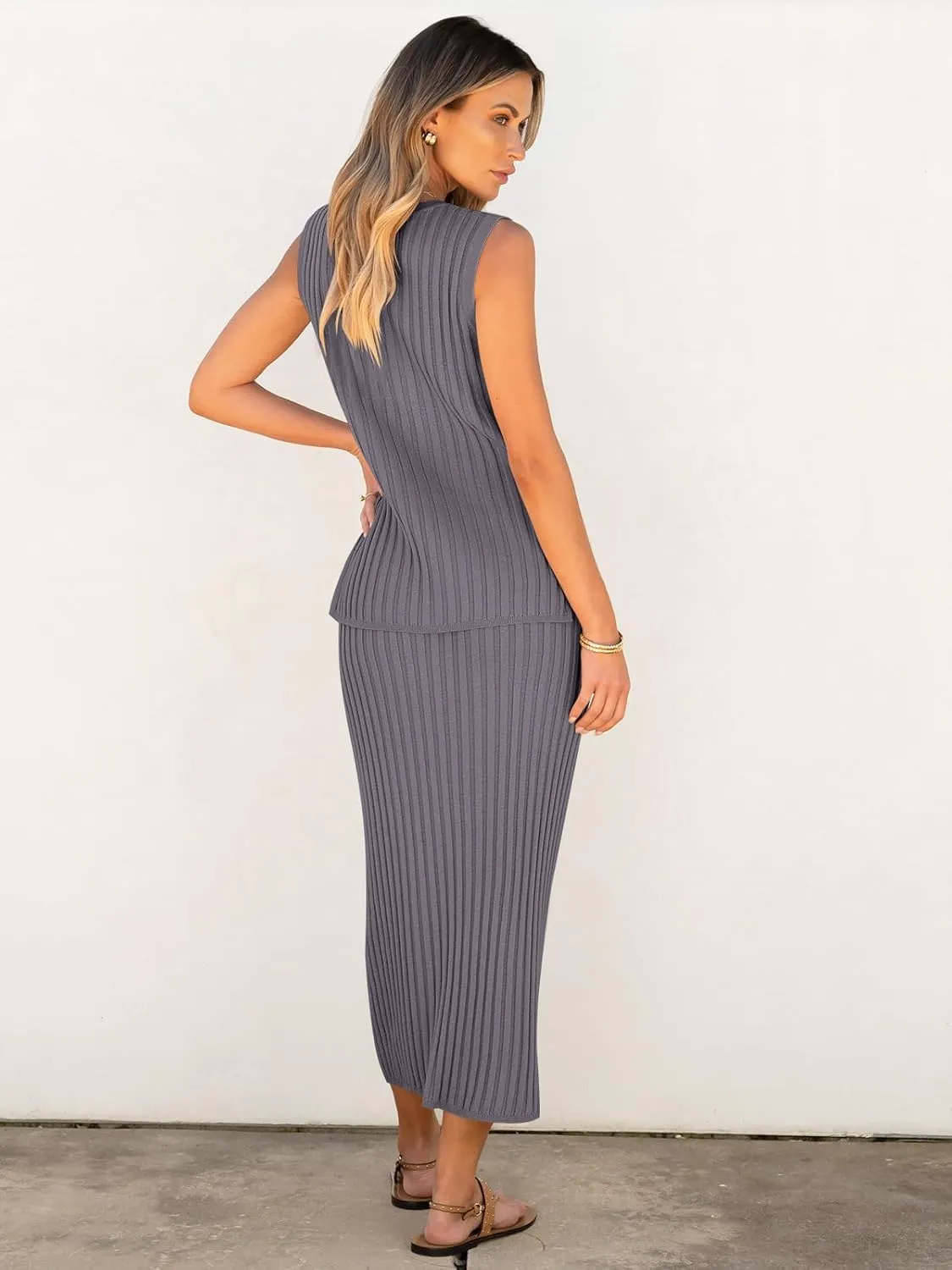 ANRABESS 2 Piece Sweater Skirt Sets for Women Sleeveless V Neck Ribbed Vest Tops Knits Casual Midi Dresses 2025 Summer Outfit