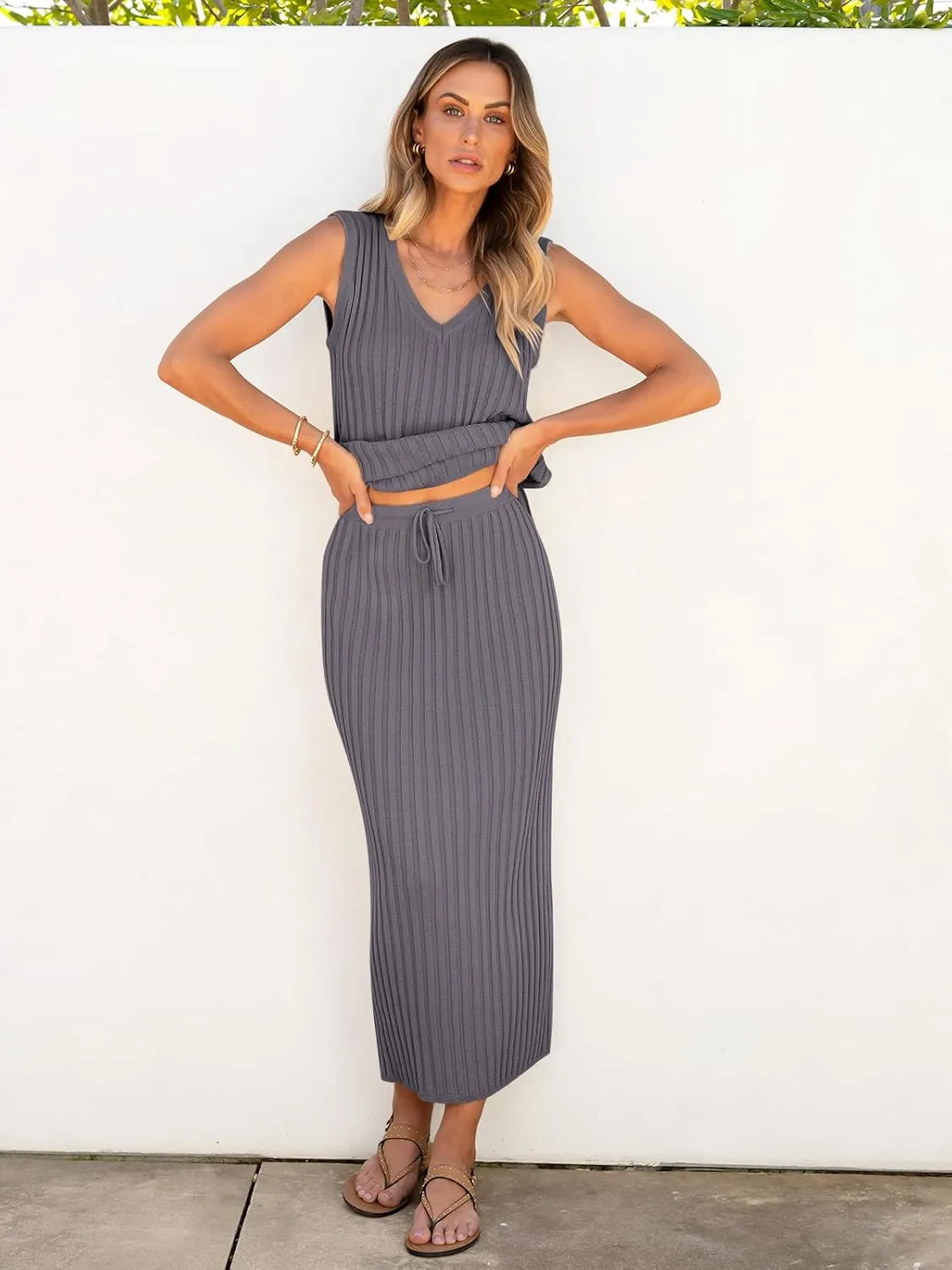 ANRABESS 2 Piece Sweater Skirt Sets for Women Sleeveless V Neck Ribbed Vest Tops Knits Casual Midi Dresses 2025 Summer Outfit