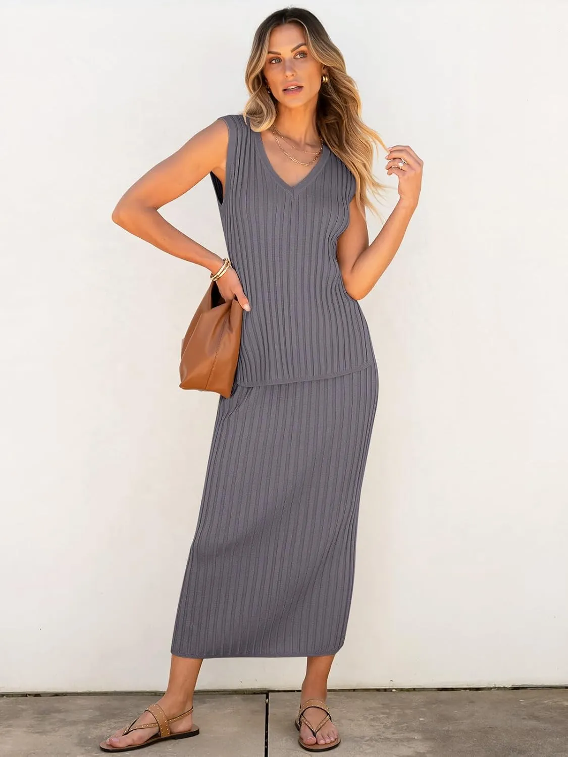ANRABESS 2 Piece Sweater Skirt Sets for Women Sleeveless V Neck Ribbed Vest Tops Knits Casual Midi Dresses 2025 Summer Outfit