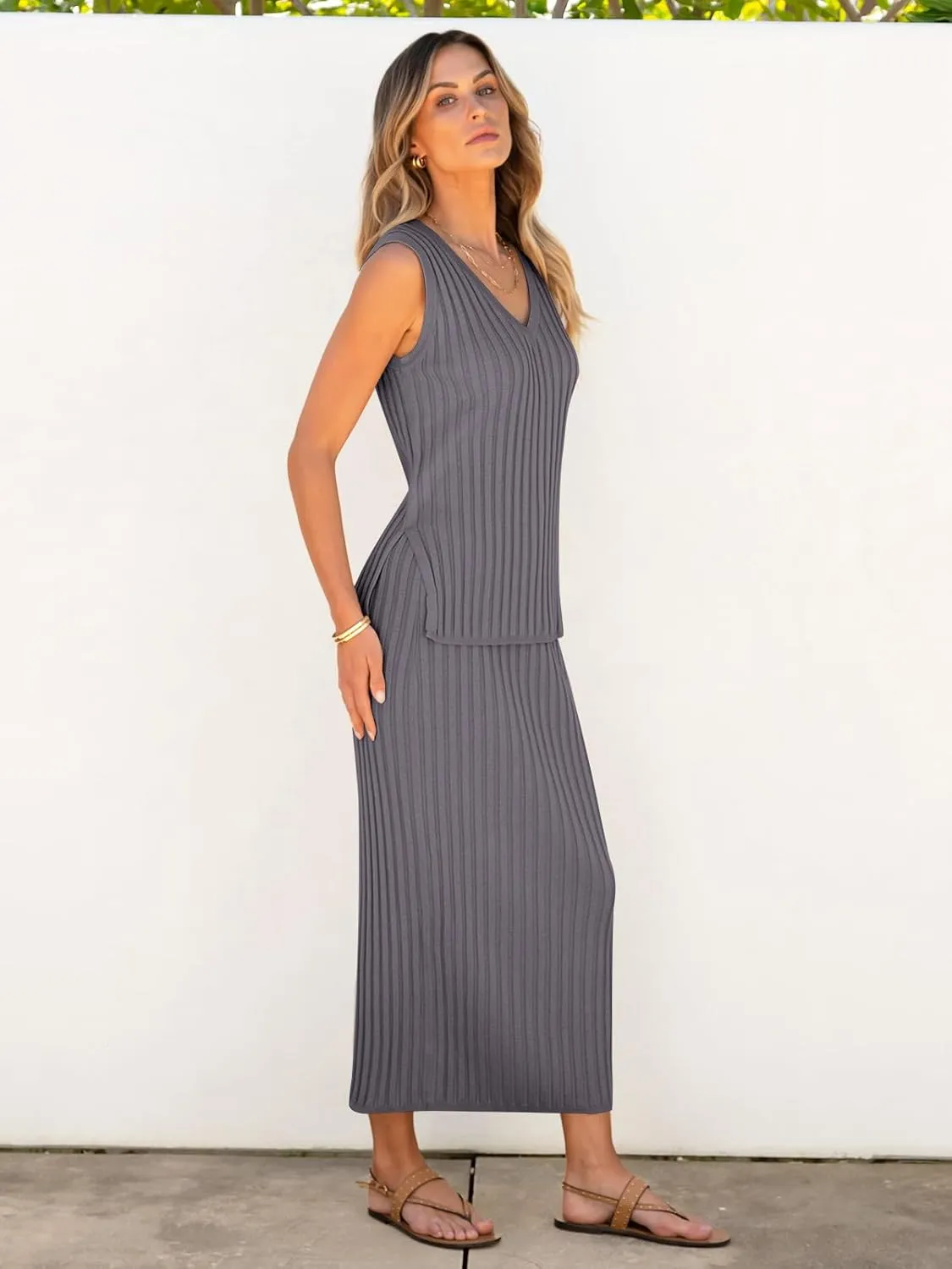 ANRABESS 2 Piece Sweater Skirt Sets for Women Sleeveless V Neck Ribbed Vest Tops Knits Casual Midi Dresses 2025 Summer Outfit
