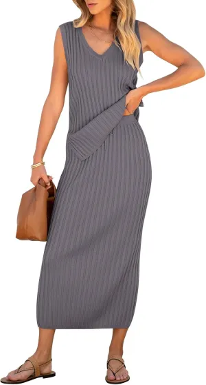 ANRABESS 2 Piece Sweater Skirt Sets for Women Sleeveless V Neck Ribbed Vest Tops Knits Casual Midi Dresses 2025 Summer Outfit