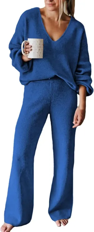 AOHITE Womens Knit Sweater Pajamas Set V-neck Pullover Tops Wide Leg Pants Sleepwear Loungewear Outfits Santorini Blue Small