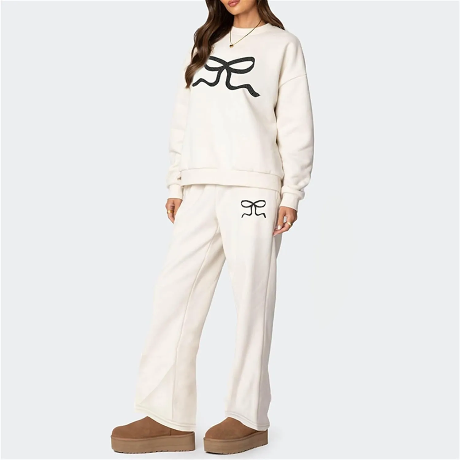 Aonoapll Women Cute 2 Piece Sweatsuit Bow Print Sweatshirt Outfits Oversized Hoodie Wide Leg Sweatpants Set Y2k Tracksuit