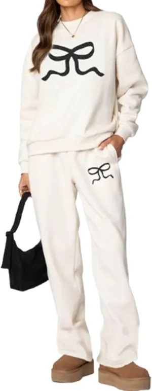 Aonoapll Women Cute 2 Piece Sweatsuit Bow Print Sweatshirt Outfits Oversized Hoodie Wide Leg Sweatpants Set Y2k Tracksuit