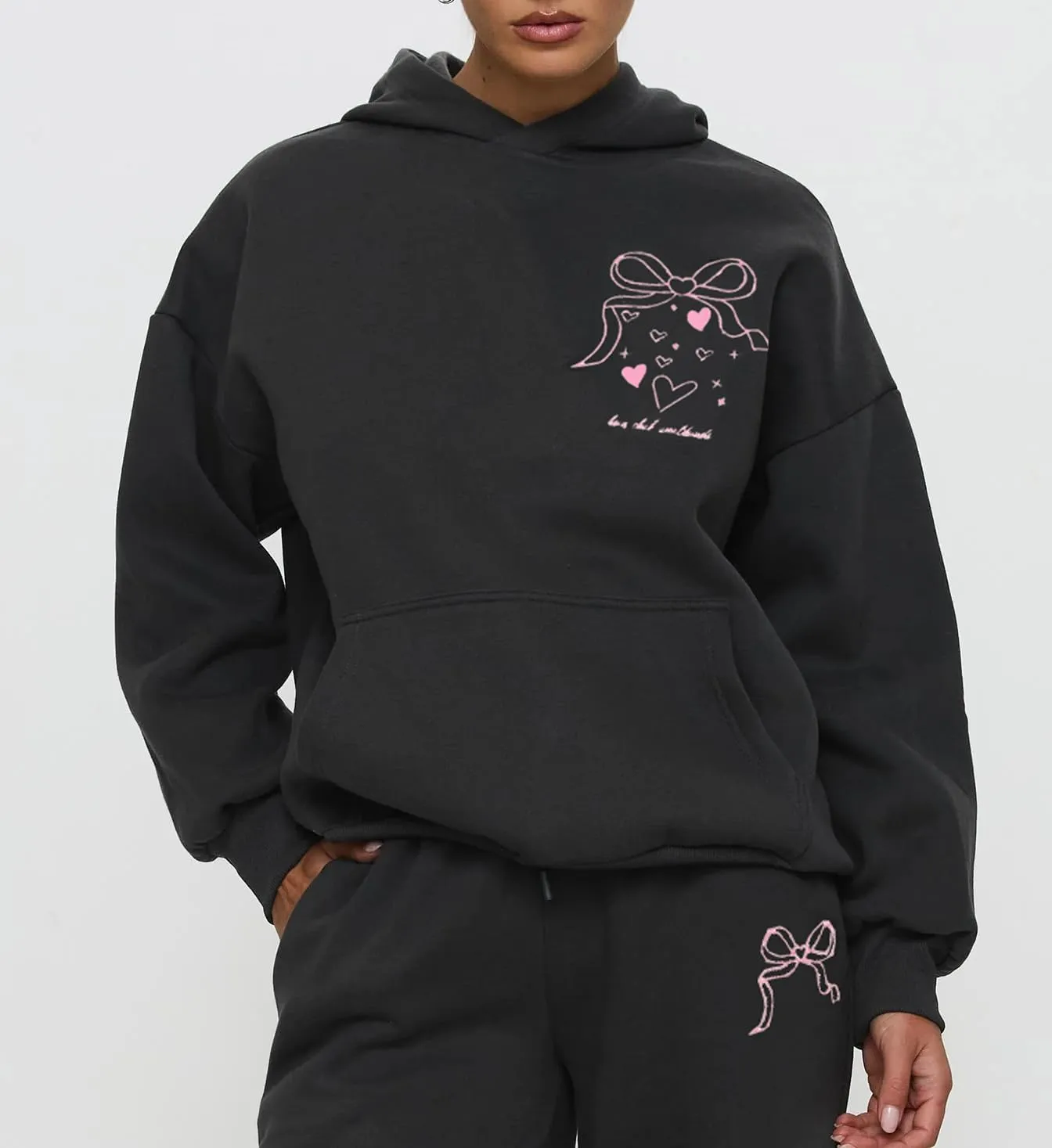 Aonoapll Women Cute 2 Piece Sweatsuit Bow Print Sweatshirt Outfits Oversized Hoodie Wide Leg Sweatpants Set Y2k Tracksuit