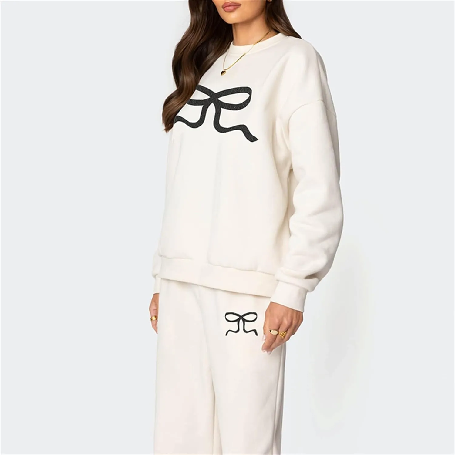 Aonoapll Women Cute 2 Piece Sweatsuit Bow Print Sweatshirt Outfits Oversized Hoodie Wide Leg Sweatpants Set Y2k Tracksuit