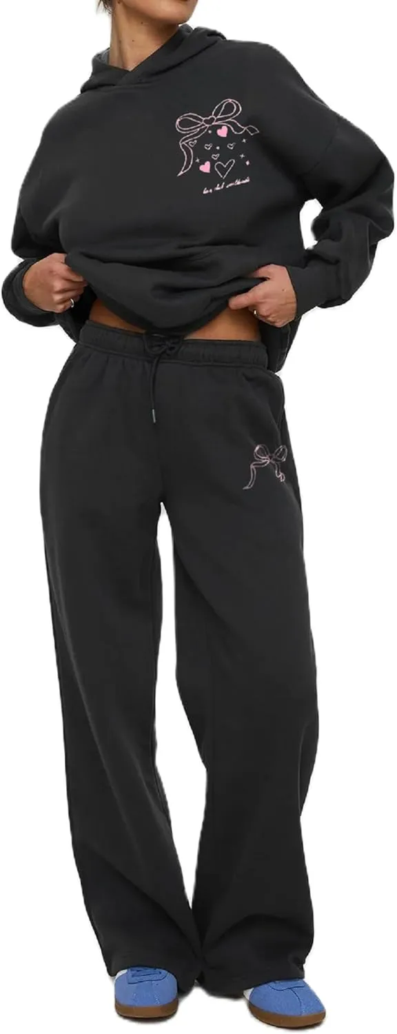 Aonoapll Women Cute 2 Piece Sweatsuit Bow Print Sweatshirt Outfits Oversized Hoodie Wide Leg Sweatpants Set Y2k Tracksuit