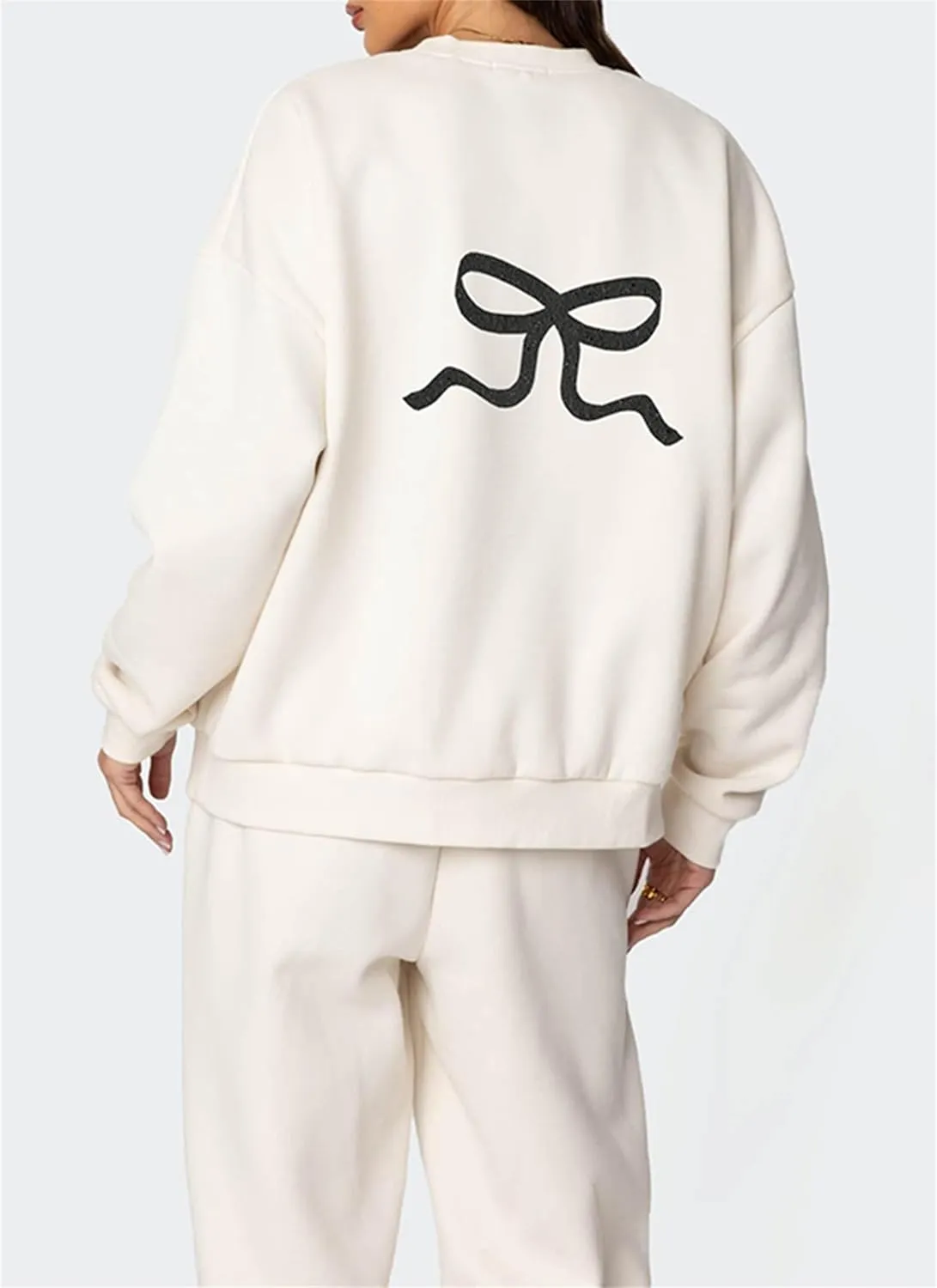 Aonoapll Women Cute 2 Piece Sweatsuit Bow Print Sweatshirt Outfits Oversized Hoodie Wide Leg Sweatpants Set Y2k Tracksuit