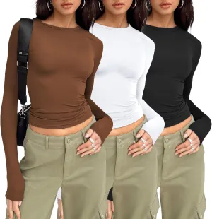AUTOMET Womens Long Sleeve Shirt Basic Crop Tops Fall Fashion Underscrubs Layer Slim Fit Winter Clothes
