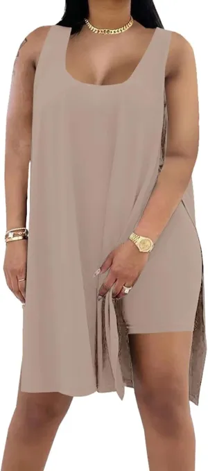 AXOSY Women's Plus Size 2 Piece Outfits Sleeveless Tunic Tops and Bodycon Biker Shorts Sets Tracksuits